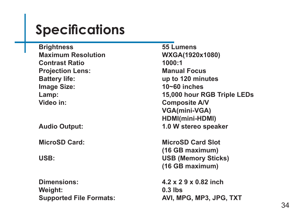 Specifications | AAXA Technologies P2Jr User Manual | Page 36 / 38