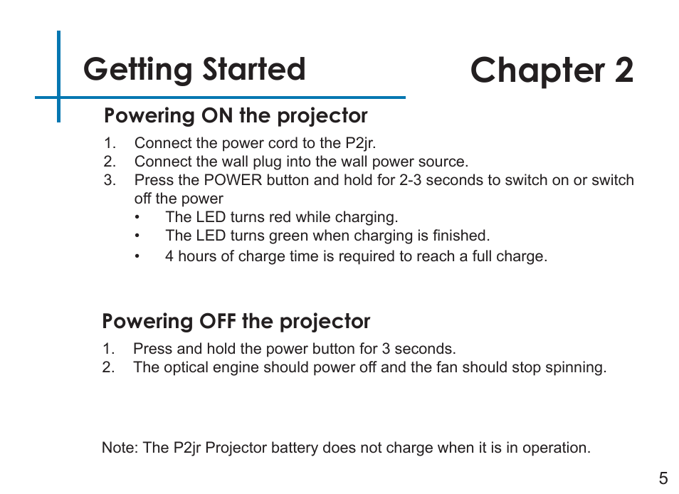 Chapter 2, Getting started | AAXA Technologies P2Jr User Manual | Page 7 / 38