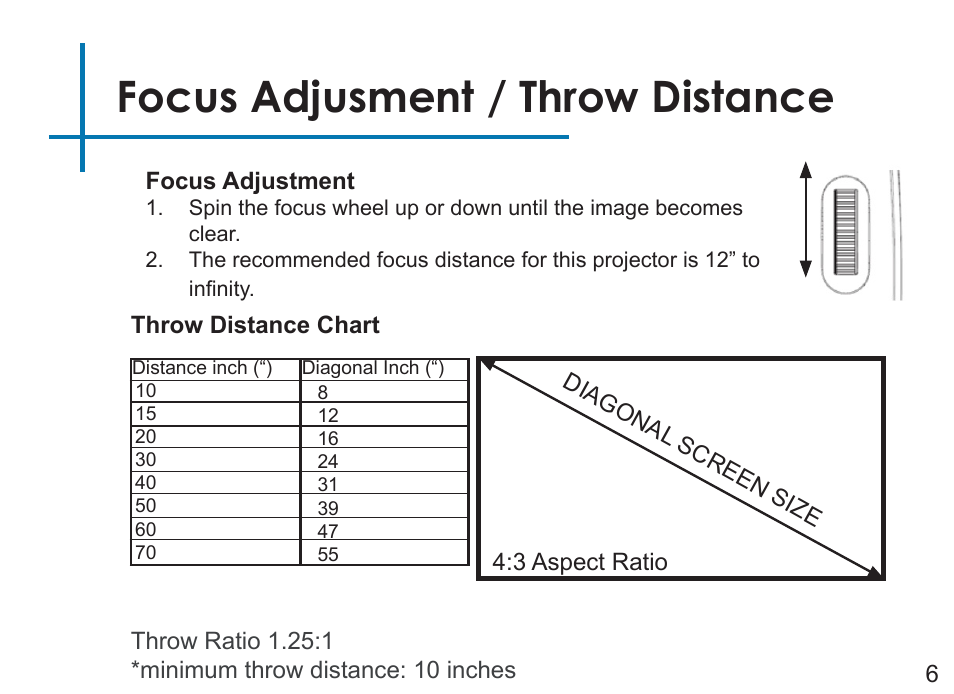 Focus adjusment / throw distance | AAXA Technologies P2Jr User Manual | Page 8 / 38