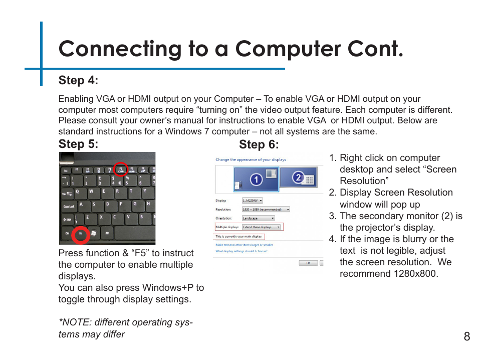 Connecting to a computer cont, Step 4, Step 5 | Step 6: 8 | AAXA Technologies LED Showtime 3D User Manual | Page 10 / 45