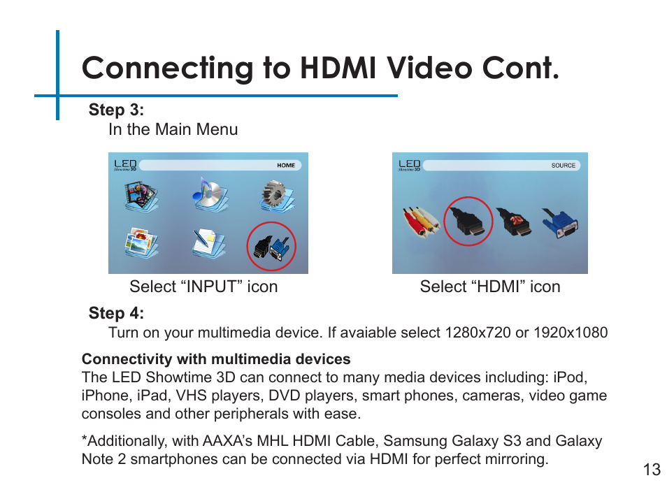 Connecting to hdmi video cont | AAXA Technologies LED Showtime 3D User Manual | Page 15 / 45