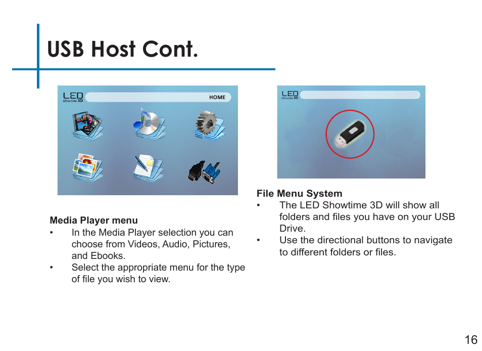 Usb host cont | AAXA Technologies LED Showtime 3D User Manual | Page 18 / 45