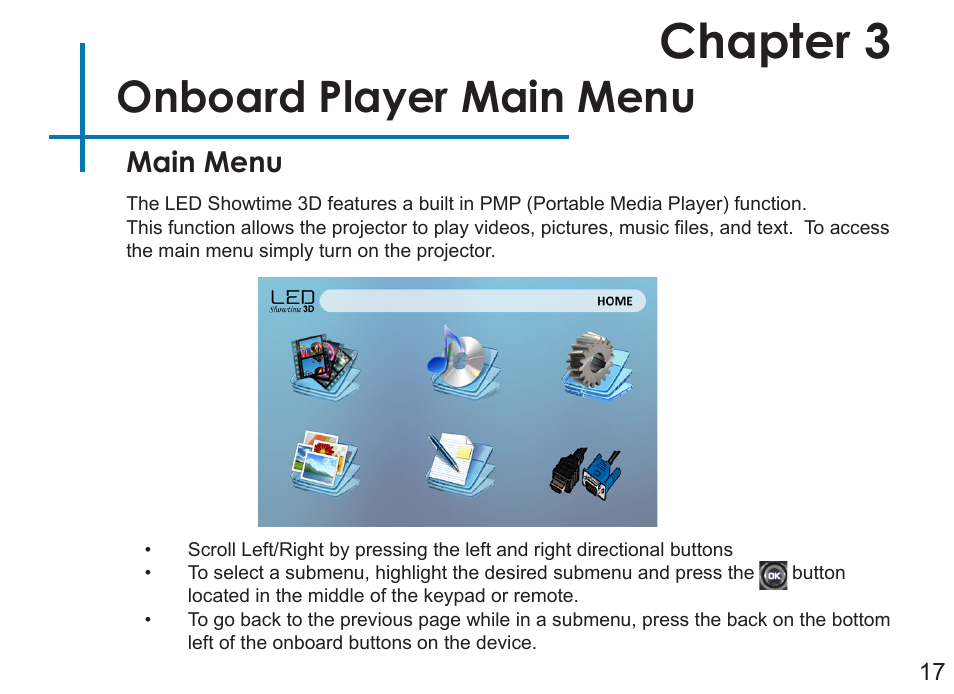 Chapter 3, Onboard player main menu, Main menu | AAXA Technologies LED Showtime 3D User Manual | Page 19 / 45