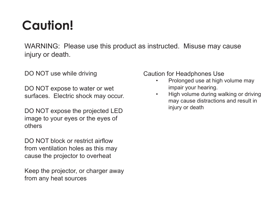 Caution | AAXA Technologies LED Showtime 3D User Manual | Page 2 / 45