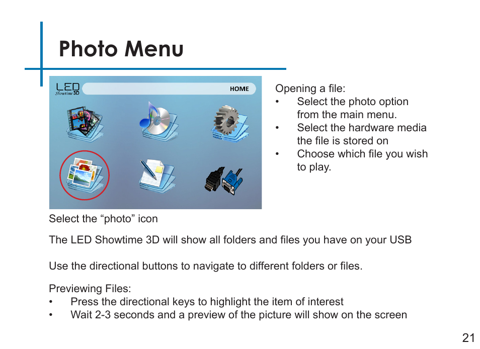 Photo menu | AAXA Technologies LED Showtime 3D User Manual | Page 23 / 45