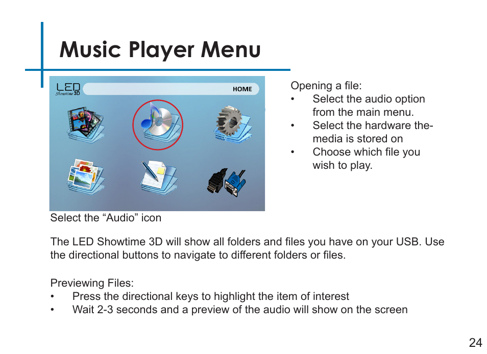 Music player menu | AAXA Technologies LED Showtime 3D User Manual | Page 26 / 45