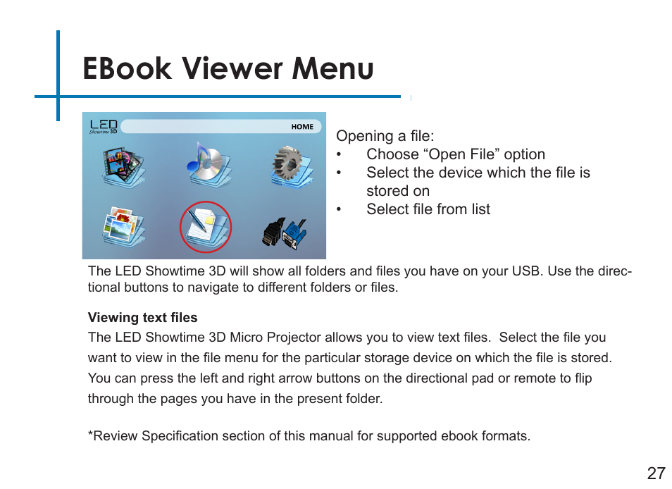 Ebook viewer menu | AAXA Technologies LED Showtime 3D User Manual | Page 29 / 45