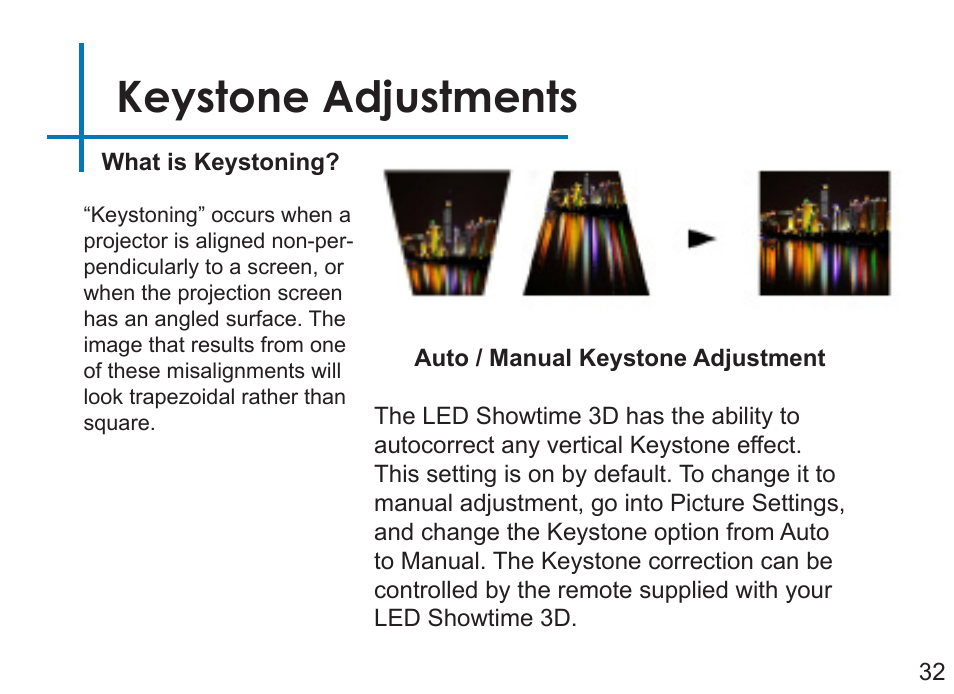 Keystone adjustments | AAXA Technologies LED Showtime 3D User Manual | Page 34 / 45