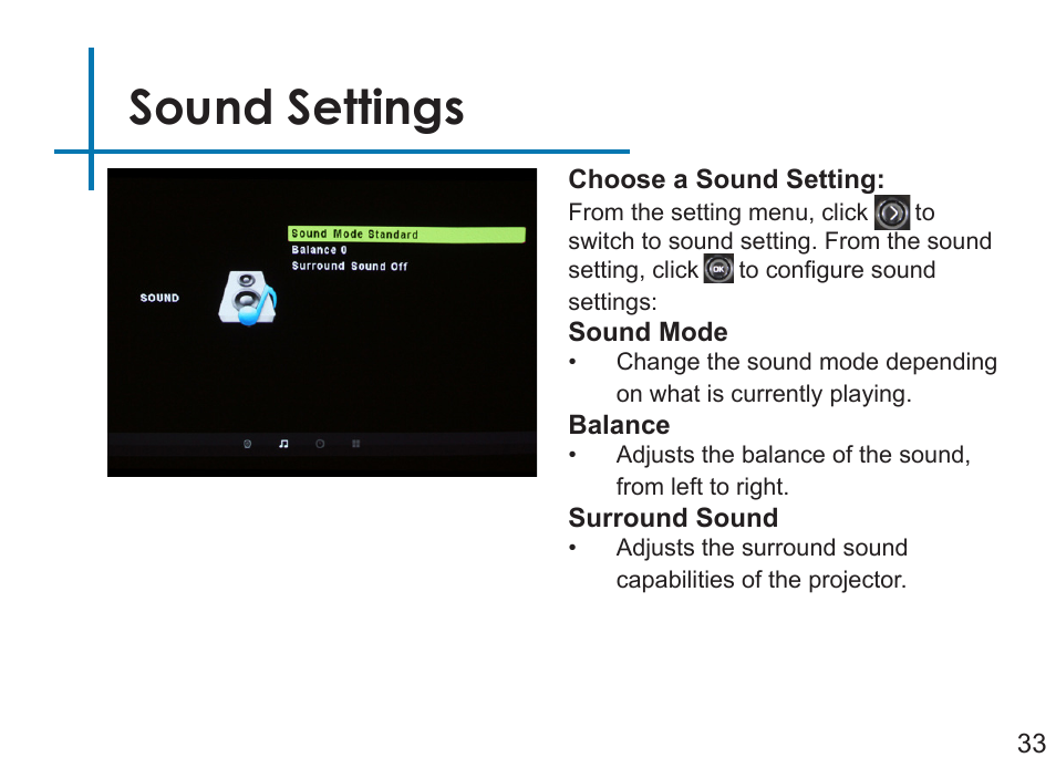 Sound settings | AAXA Technologies LED Showtime 3D User Manual | Page 35 / 45