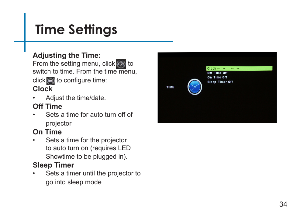 Time settings | AAXA Technologies LED Showtime 3D User Manual | Page 36 / 45