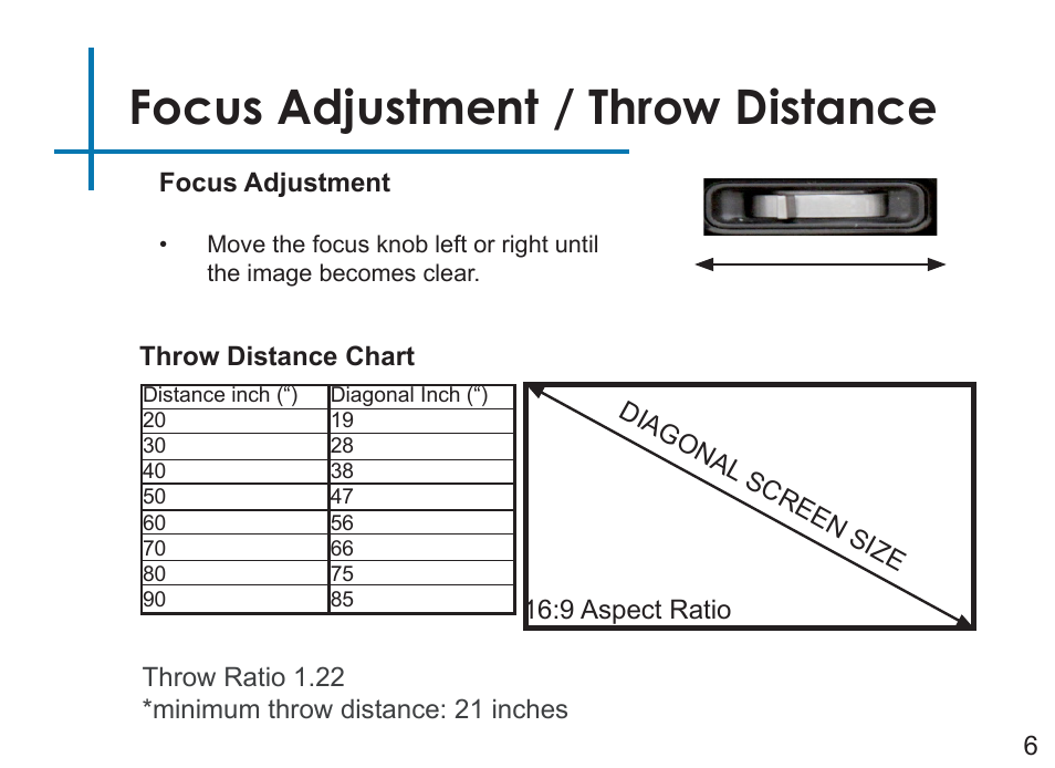 Focus adjustment / throw distance | AAXA Technologies LED Showtime 3D User Manual | Page 8 / 45
