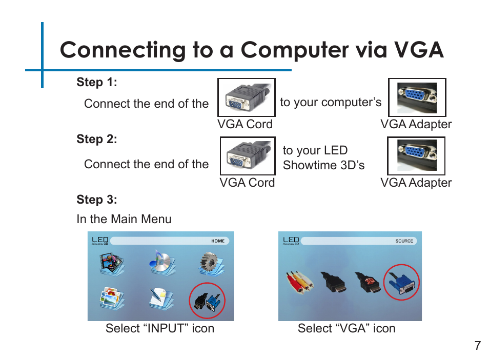 Connecting to a computer via vga | AAXA Technologies LED Showtime 3D User Manual | Page 9 / 45