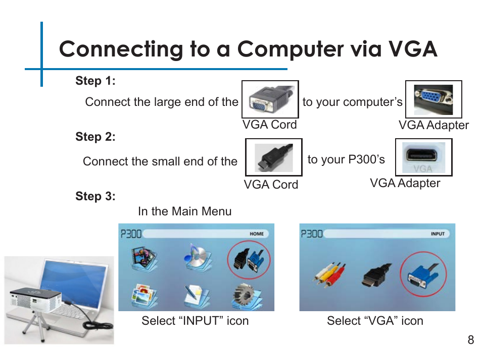 Connecting to a computer via vga | AAXA Technologies P3OO User Manual | Page 10 / 44