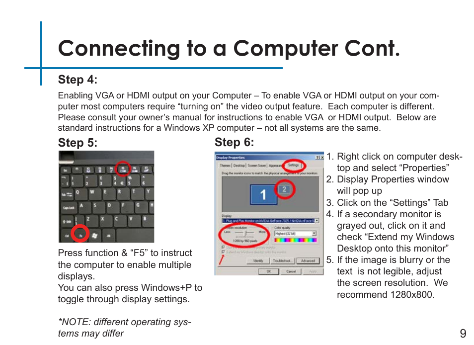 Connecting to a computer cont, Step 4, Step 5 | Step 6: 9 | AAXA Technologies P3OO User Manual | Page 11 / 44