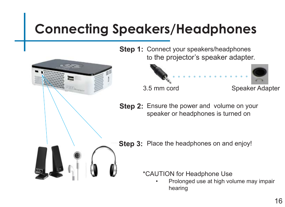 Connecting speakers/headphones | AAXA Technologies P3OO User Manual | Page 18 / 44