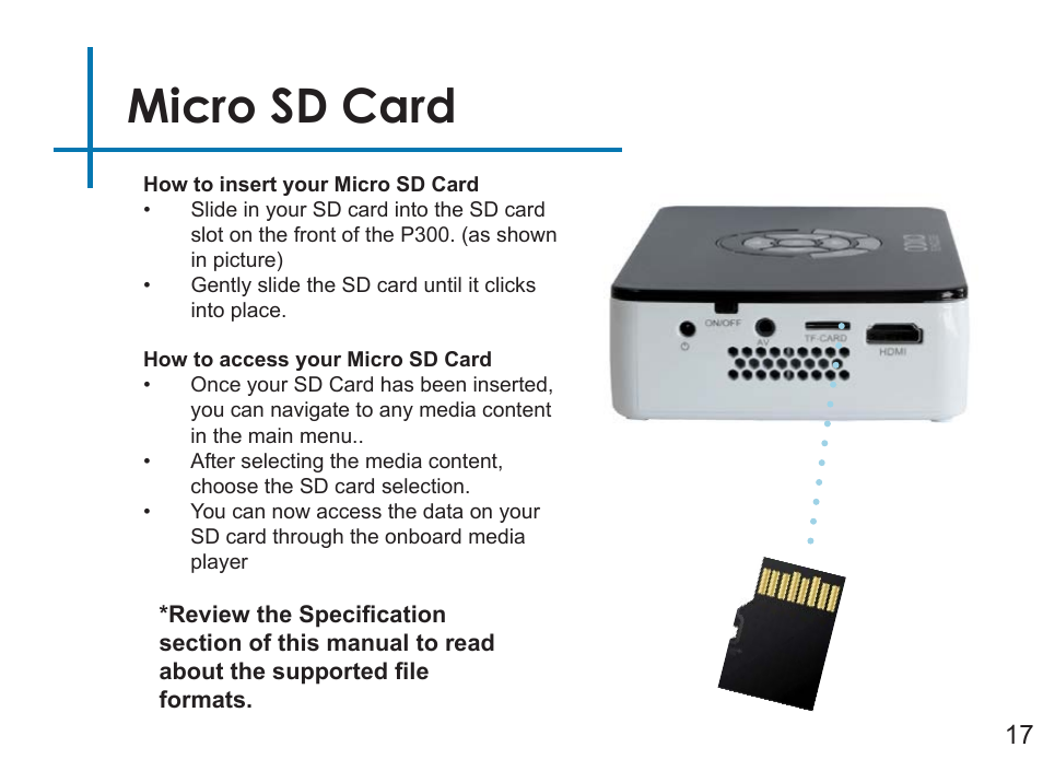 Micro sd card | AAXA Technologies P3OO User Manual | Page 19 / 44