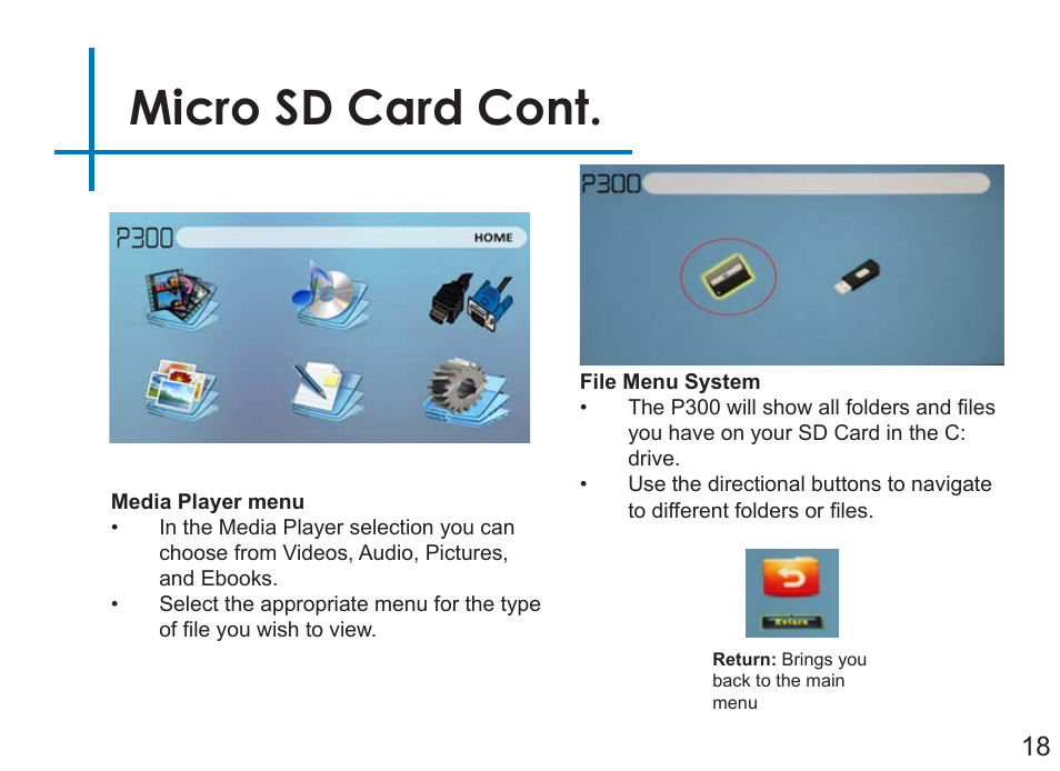 Micro sd card cont | AAXA Technologies P3OO User Manual | Page 20 / 44