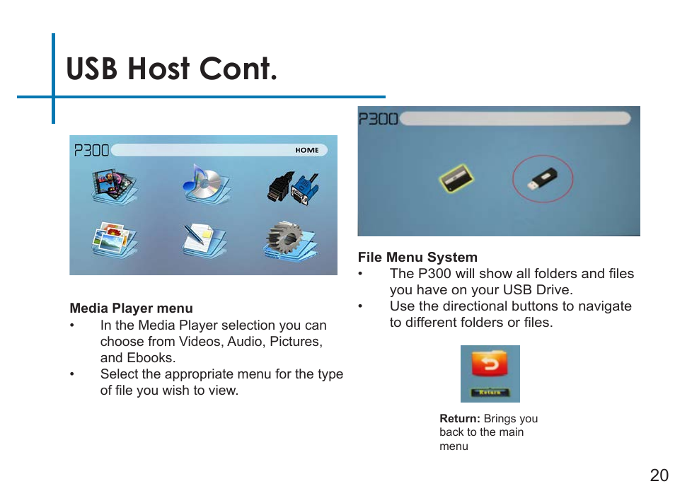 Usb host cont | AAXA Technologies P3OO User Manual | Page 22 / 44