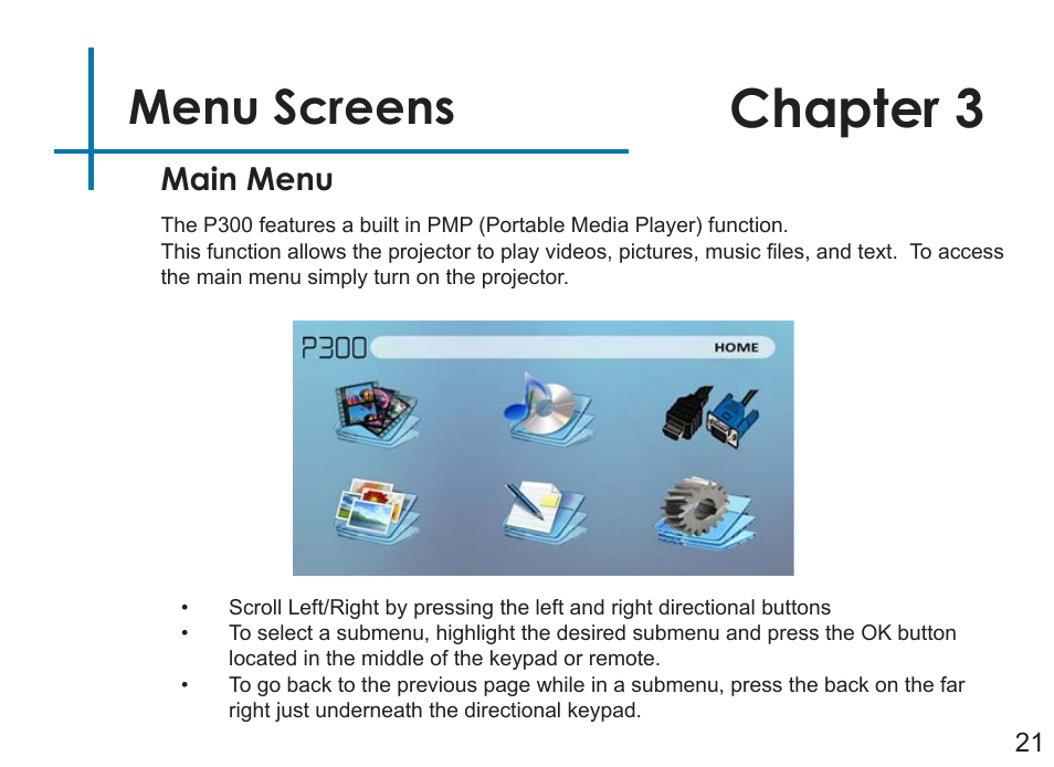 Chapter 3, Menu screens, Main menu | AAXA Technologies P3OO User Manual | Page 23 / 44