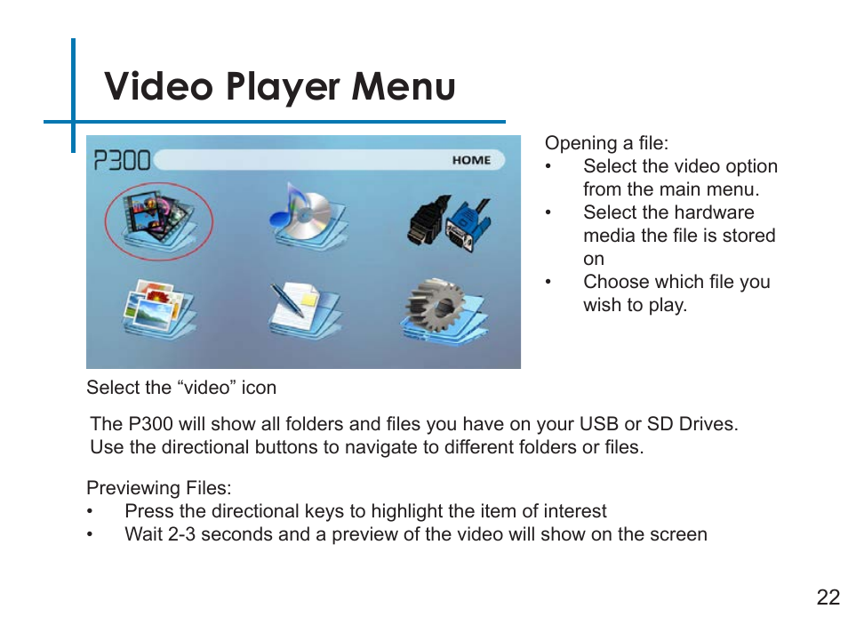 Video player menu | AAXA Technologies P3OO User Manual | Page 24 / 44