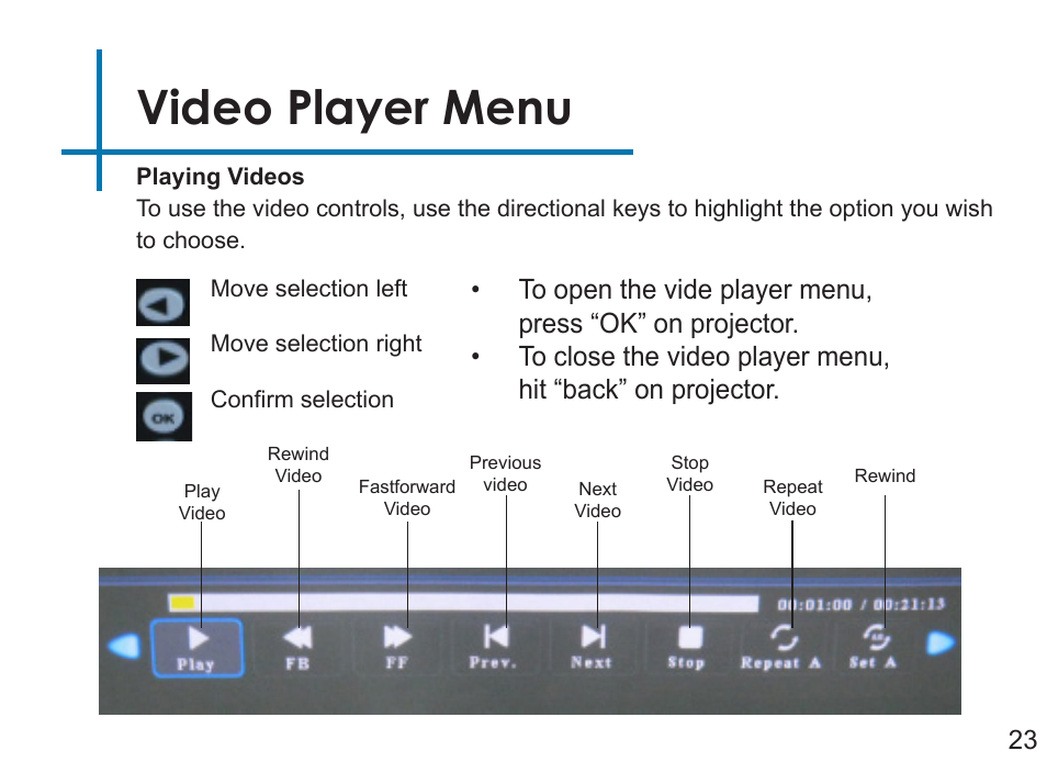Video player menu | AAXA Technologies P3OO User Manual | Page 25 / 44