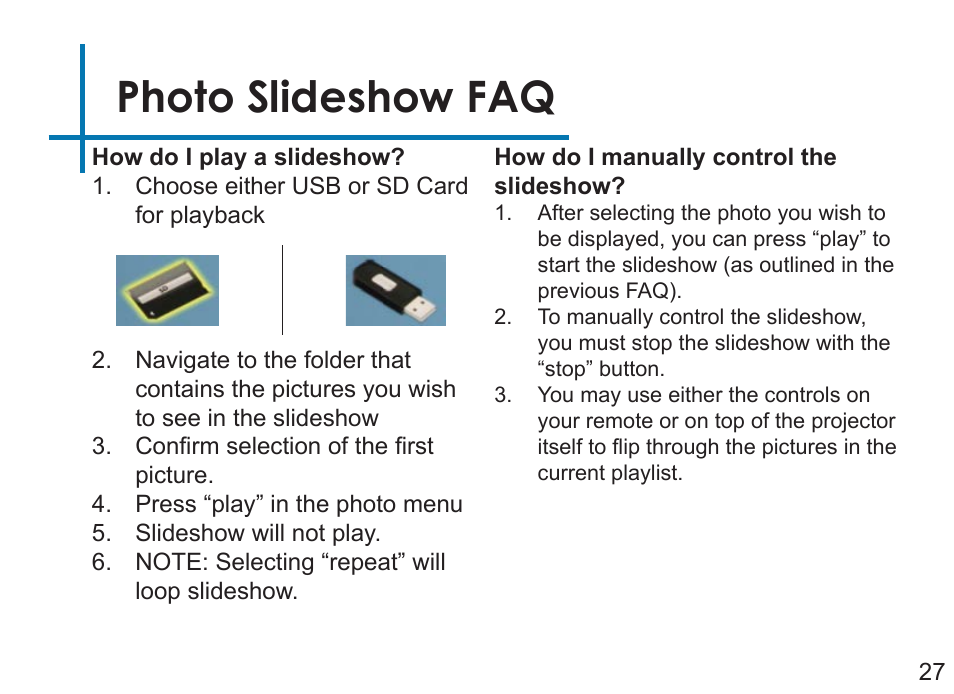 Photo slideshow faq | AAXA Technologies P3OO User Manual | Page 29 / 44