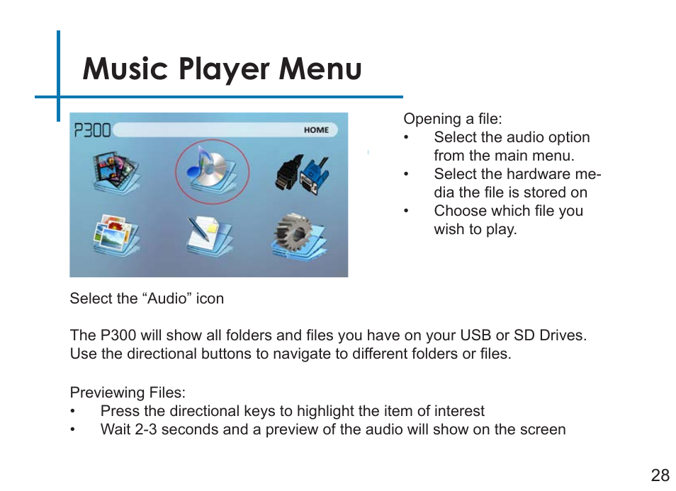 Music player menu | AAXA Technologies P3OO User Manual | Page 30 / 44