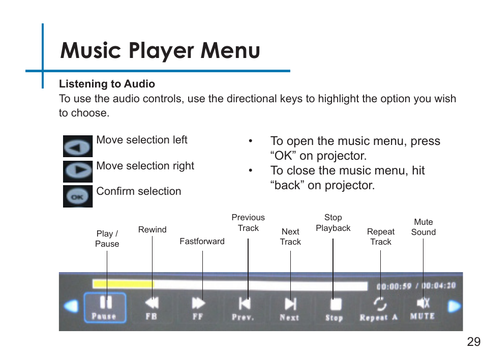 Music player menu | AAXA Technologies P3OO User Manual | Page 31 / 44