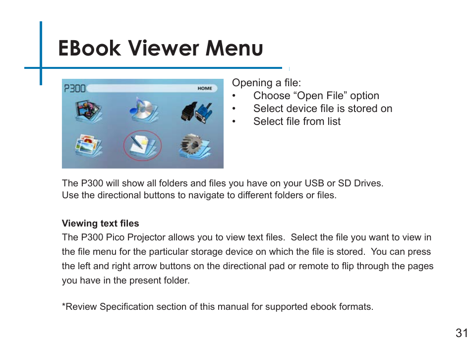 Ebook viewer menu | AAXA Technologies P3OO User Manual | Page 33 / 44