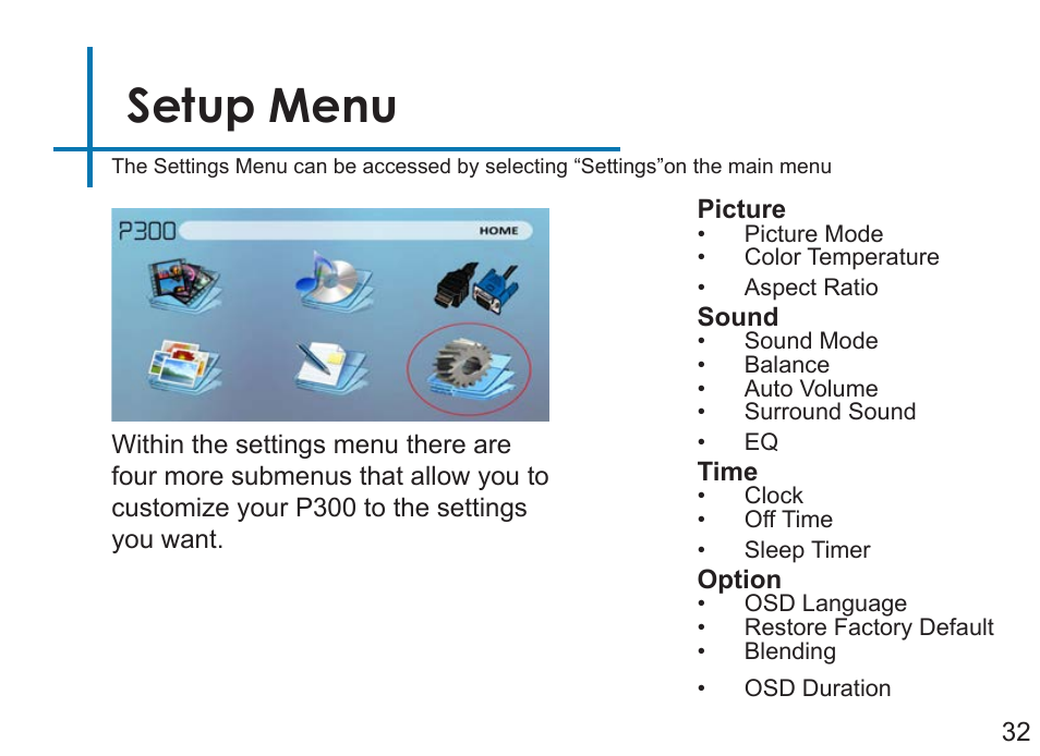 Setup menu | AAXA Technologies P3OO User Manual | Page 34 / 44