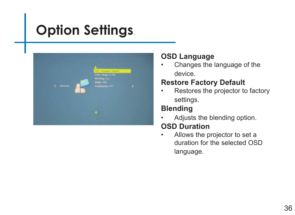 Option settings | AAXA Technologies P3OO User Manual | Page 38 / 44