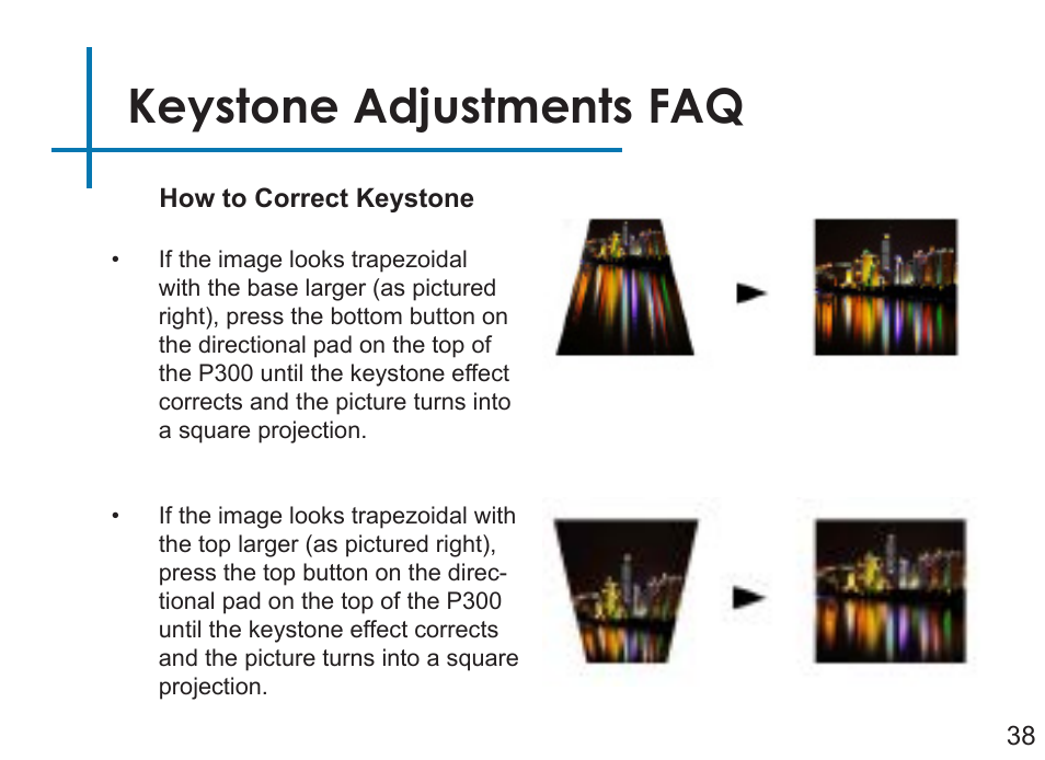 Keystone adjustments faq | AAXA Technologies P3OO User Manual | Page 40 / 44