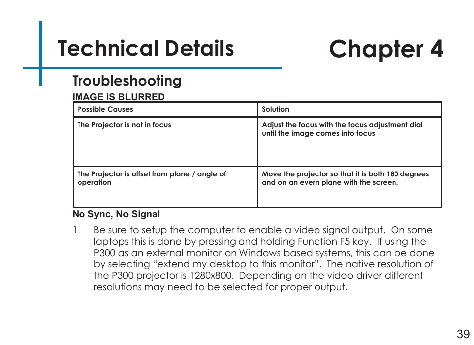 Chapter 4, Technical details, Troubleshooting | AAXA Technologies P3OO User Manual | Page 41 / 44