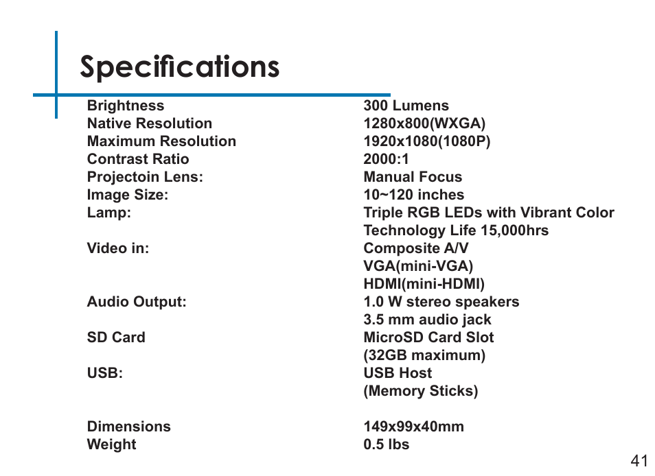 Specifications | AAXA Technologies P3OO User Manual | Page 43 / 44