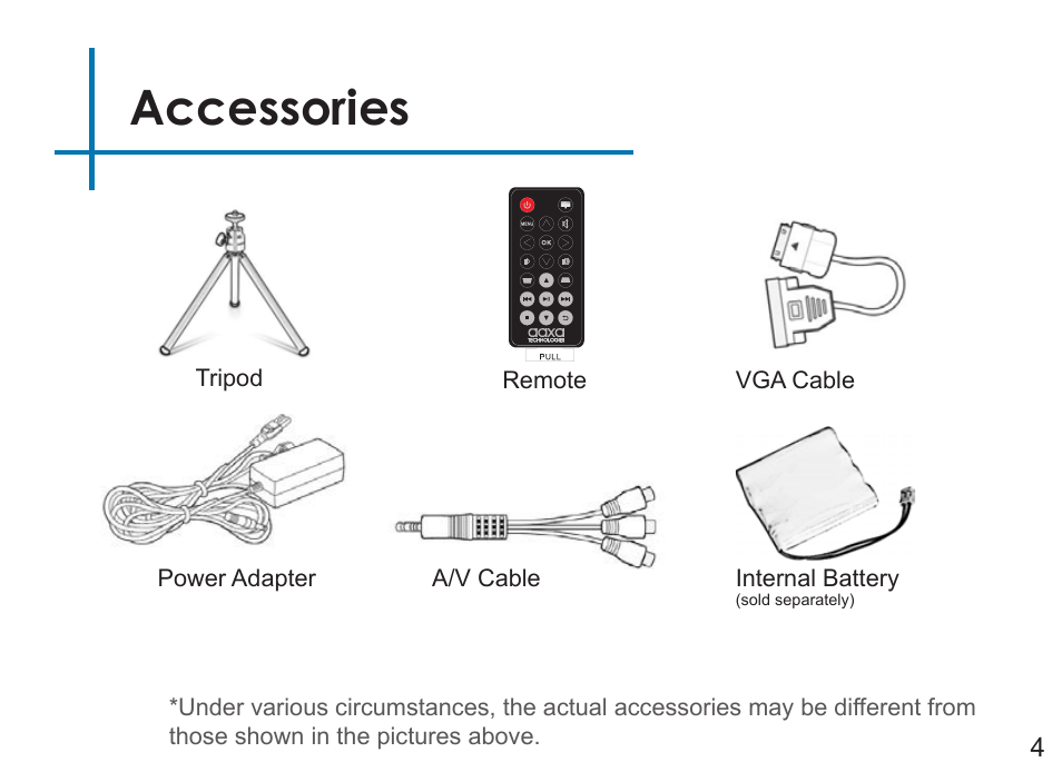Accessories, Internal battery, Sold separately) | AAXA Technologies P3OO User Manual | Page 6 / 44