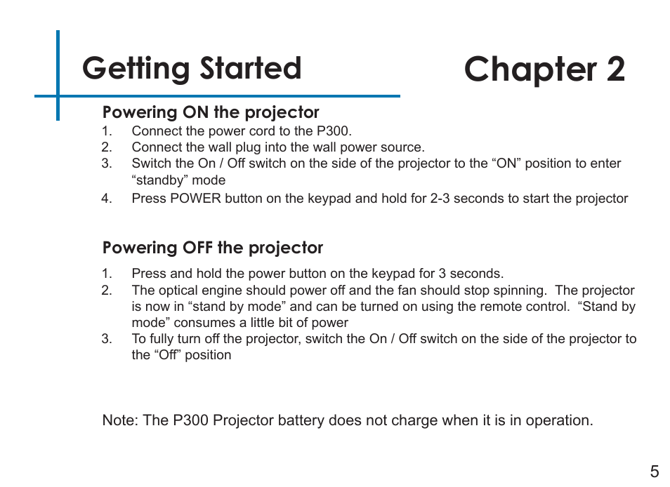 Chapter 2, Getting started | AAXA Technologies P3OO User Manual | Page 7 / 44