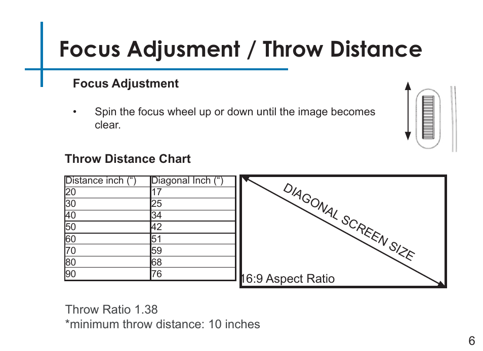Focus adjusment / throw distance | AAXA Technologies P3OO User Manual | Page 8 / 44