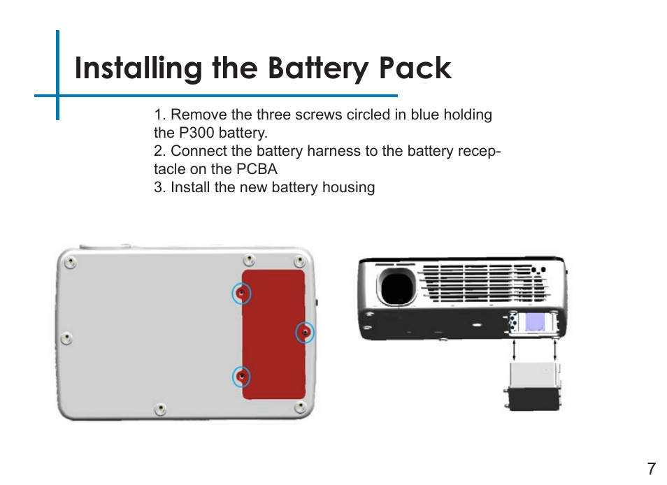 Installing the battery pack | AAXA Technologies P3OO User Manual | Page 9 / 44