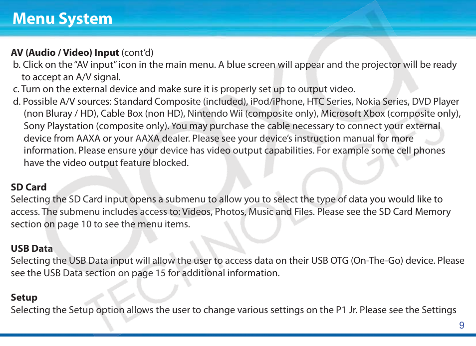 Menu system | AAXA Technologies P1Jr User Manual | Page 10 / 20