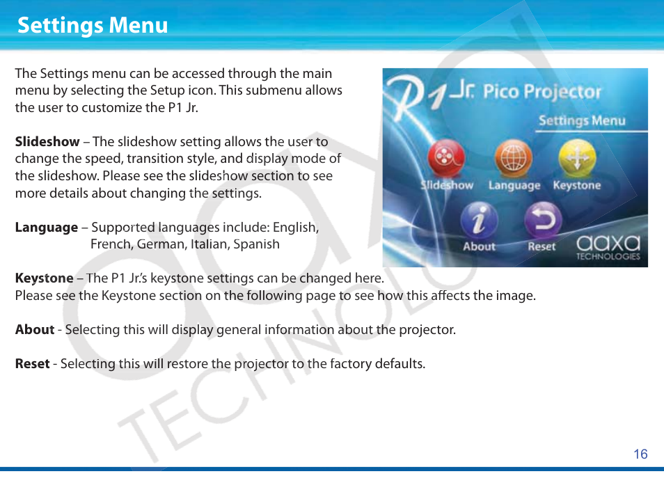 Settings menu | AAXA Technologies P1Jr User Manual | Page 17 / 20