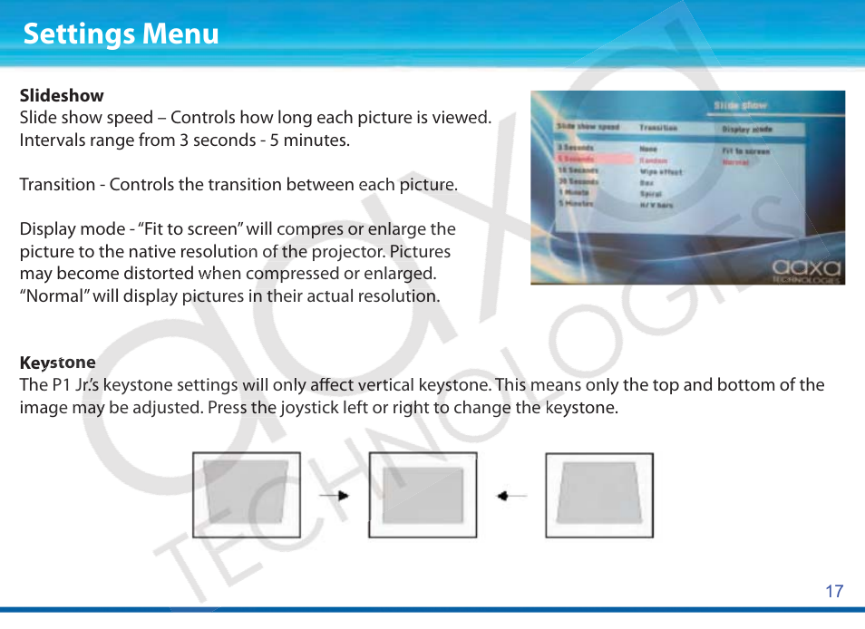 Settings menu | AAXA Technologies P1Jr User Manual | Page 18 / 20