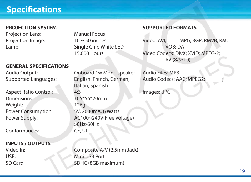 Specifications | AAXA Technologies P1Jr User Manual | Page 20 / 20
