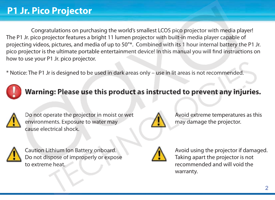 P1 jr. pico projector | AAXA Technologies P1Jr User Manual | Page 3 / 20