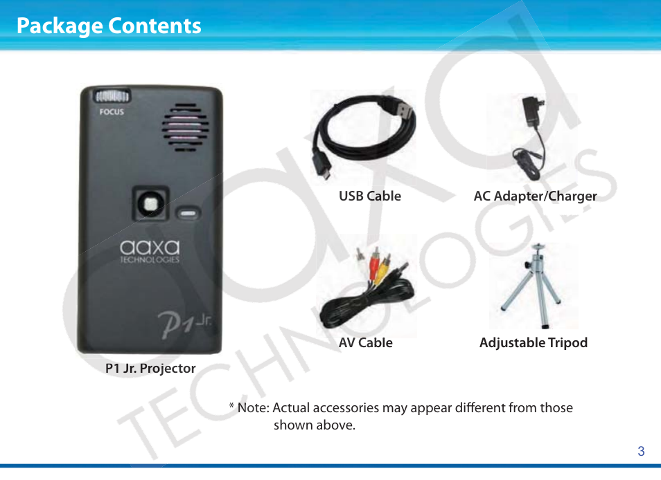 Package contents | AAXA Technologies P1Jr User Manual | Page 4 / 20