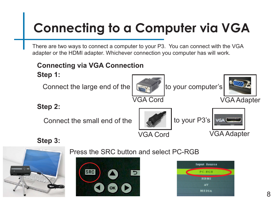 Connecting to a computer via vga | AAXA Technologies P3 User Manual | Page 10 / 28