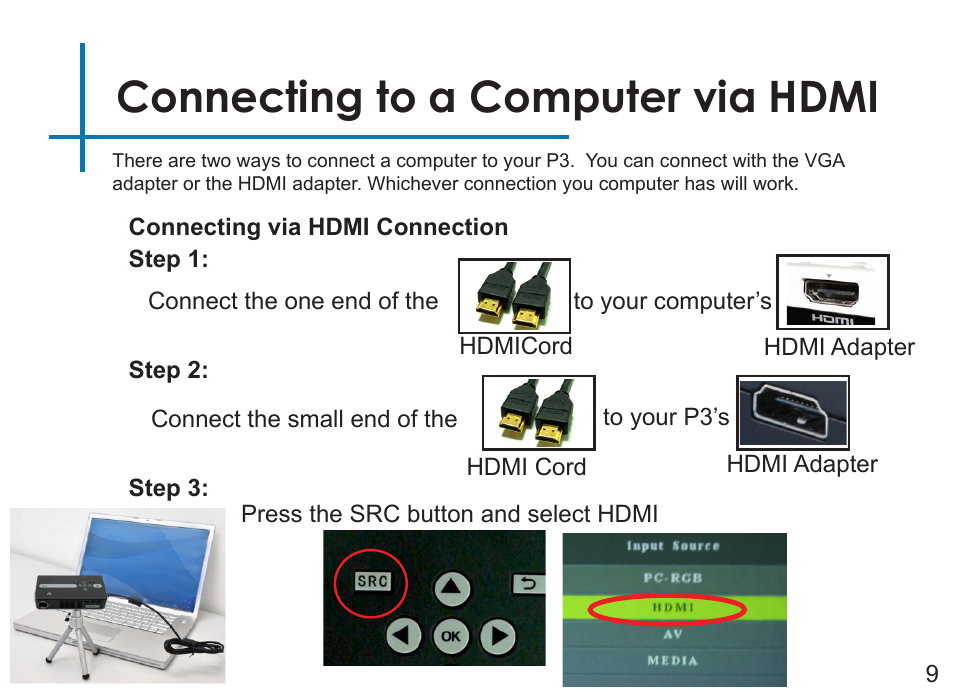 Connecting to a computer via hdmi | AAXA Technologies P3 User Manual | Page 11 / 28