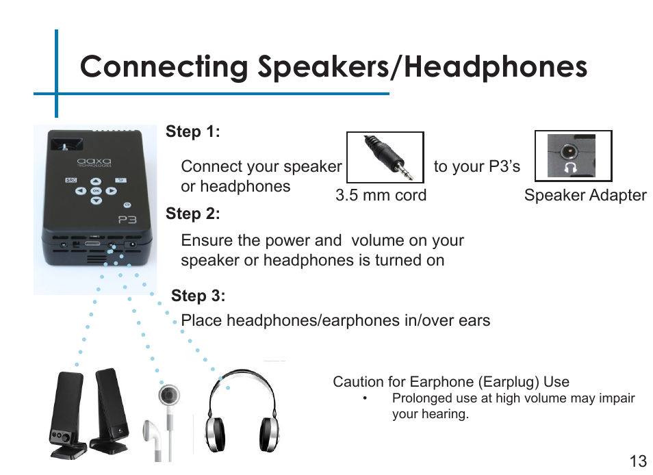 Connecting speakers/headphones | AAXA Technologies P3 User Manual | Page 15 / 28