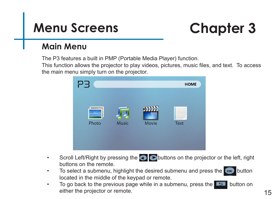 Chapter 3, Menu screens, Main menu | AAXA Technologies P3 User Manual | Page 17 / 28