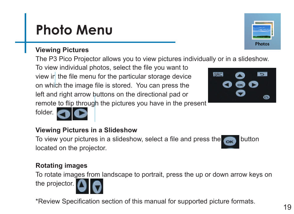 Photo menu | AAXA Technologies P3 User Manual | Page 21 / 28