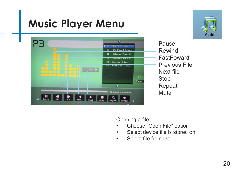 Music player menu | AAXA Technologies P3 User Manual | Page 22 / 28